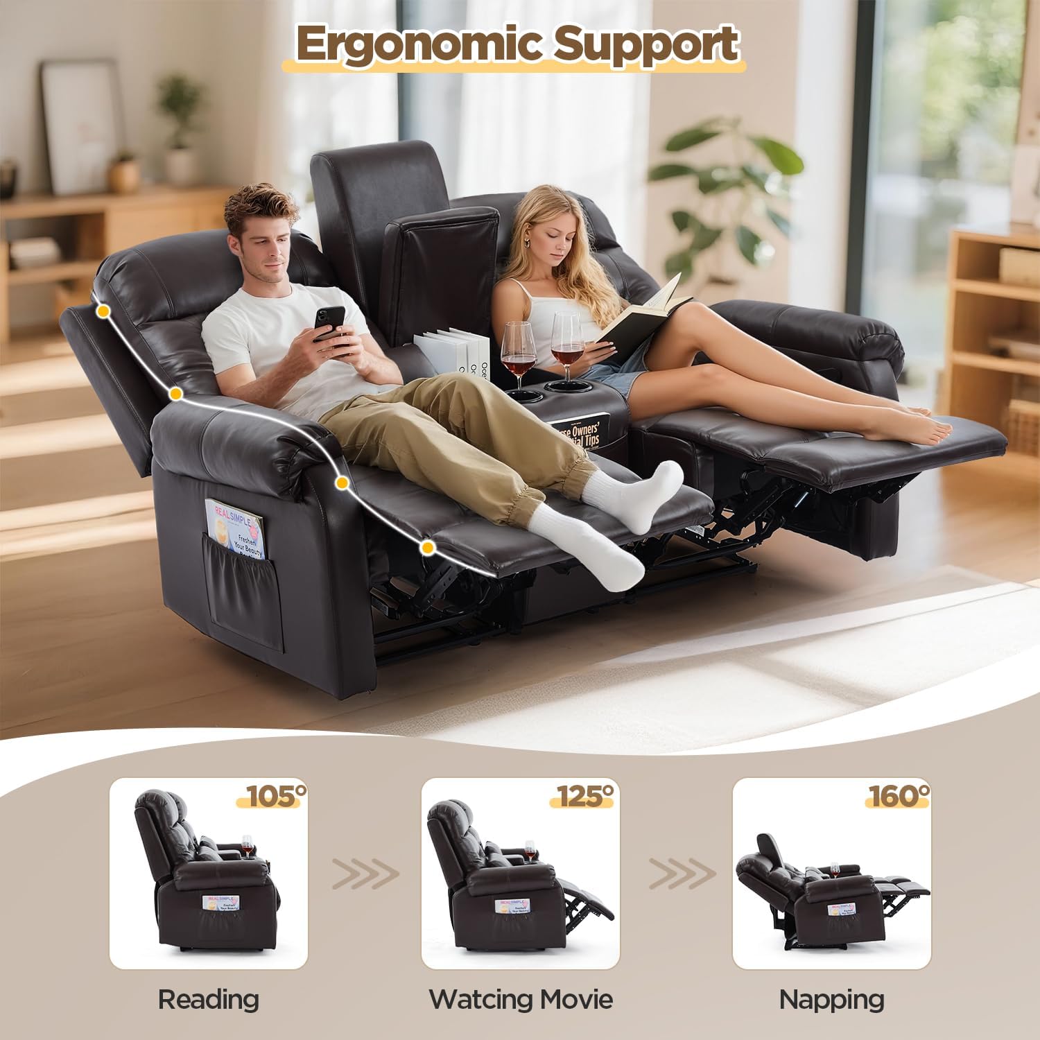 RV Loveseat Recliner with Console, Reclining Loveseat Sofa, Manual Home Theater Seating with Pockets/Cup Holders for Living Room/RV Furniture (Chocolate PU)
