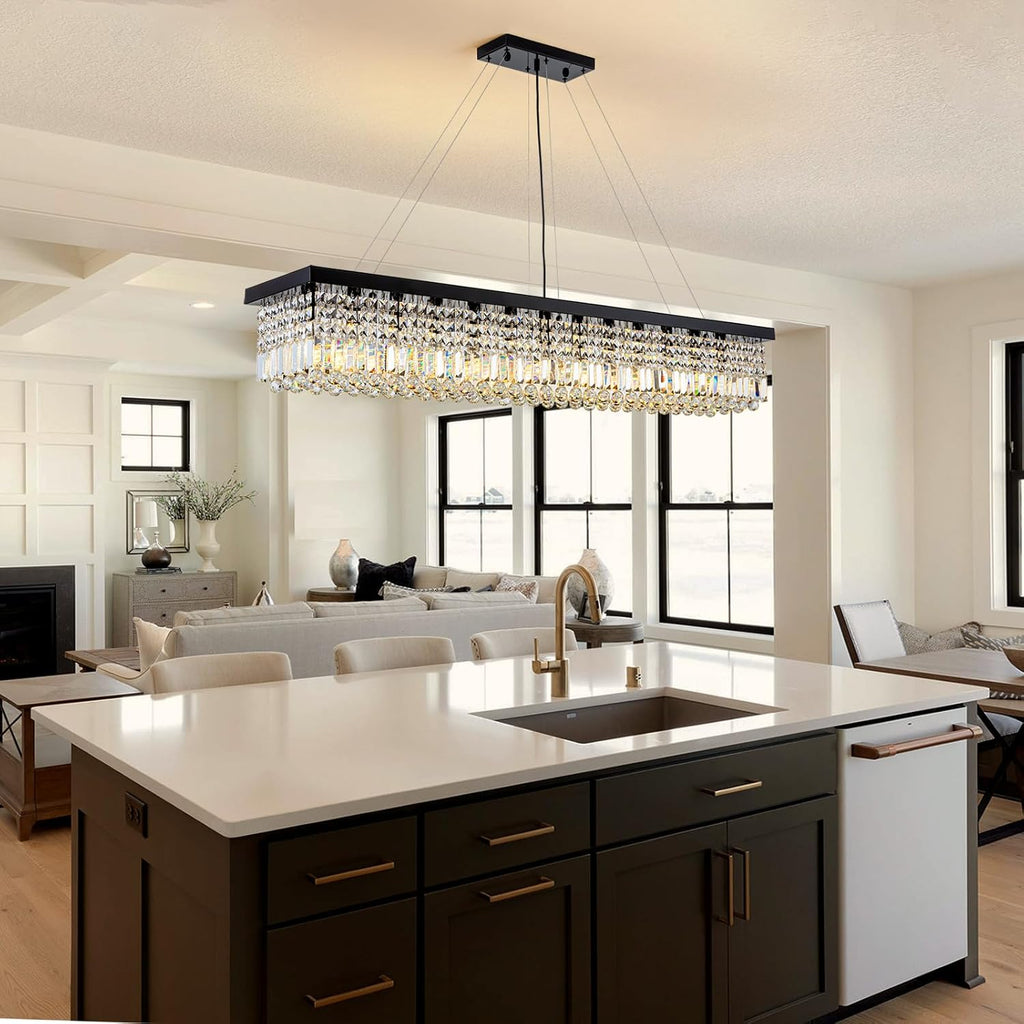 7PM Rectangle K9 Crystal Chandelier, 13-Light Modern Dining Room Linear Ceiling Chandelier, Rectangular Pendant Lighting Fixture for Kitchen Island Bedroom, Black Finish L59'' x W10'' x H9''