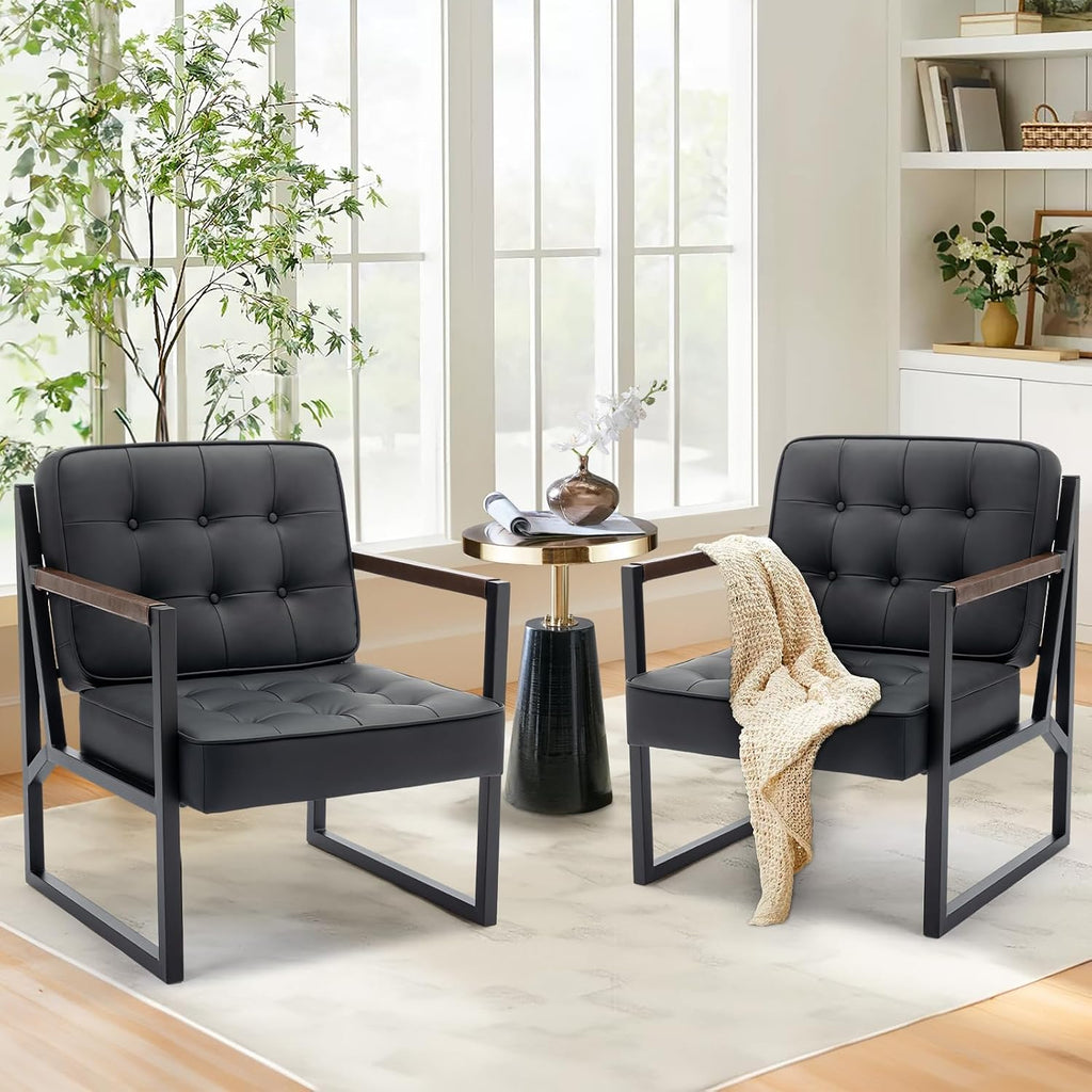 MALOL Mid Century Modern Accent Chair Set of 2, Comfy Living Room Chair, Black Leather Accent Chair, Faux Leather Reception Armchair with Metal Legs for Living Room Bedroom Reception Office, Black