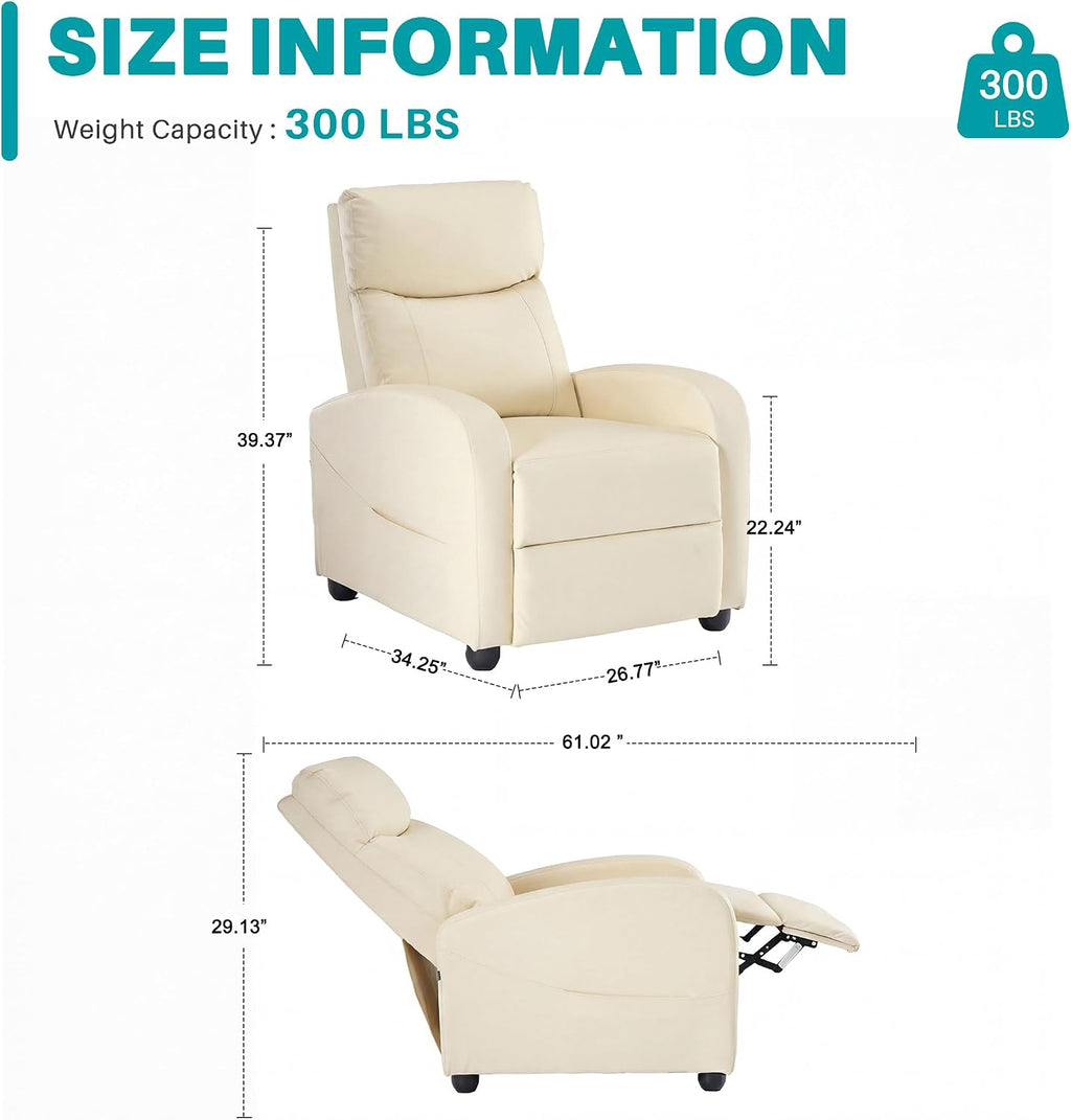 Sweetcrispy Recliner Chair Fabric Recliner Sofa No Massage, Home Theater Seating with Lumbar Support, Adjustable Push Back Overstuffed High-Density Sponge Reclining for Living Room, Beige
