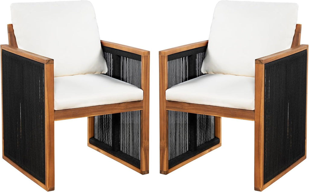 Christopher Knight Home Kiaya Outdoor Dining Chairs Set of 2 with Rope-Wrapped Accents, Acacia Wood Patio Dining Room Chair with Seat and Back Cushions, Comfy Outdoor Chairs Set of 2, Cream+Teak+Black