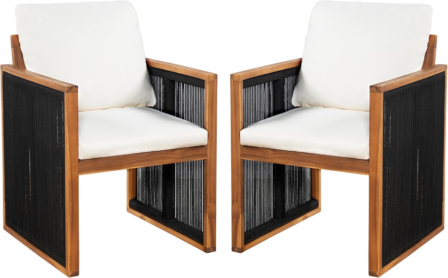 Christopher Knight Home Kiaya Outdoor Dining Chairs Set of 2 with Rope-Wrapped Accents, Acacia Wood Patio Dining Room Chair with Seat and Back Cushions, Comfy Outdoor Chairs Set of 2, Cream+Teak+Black