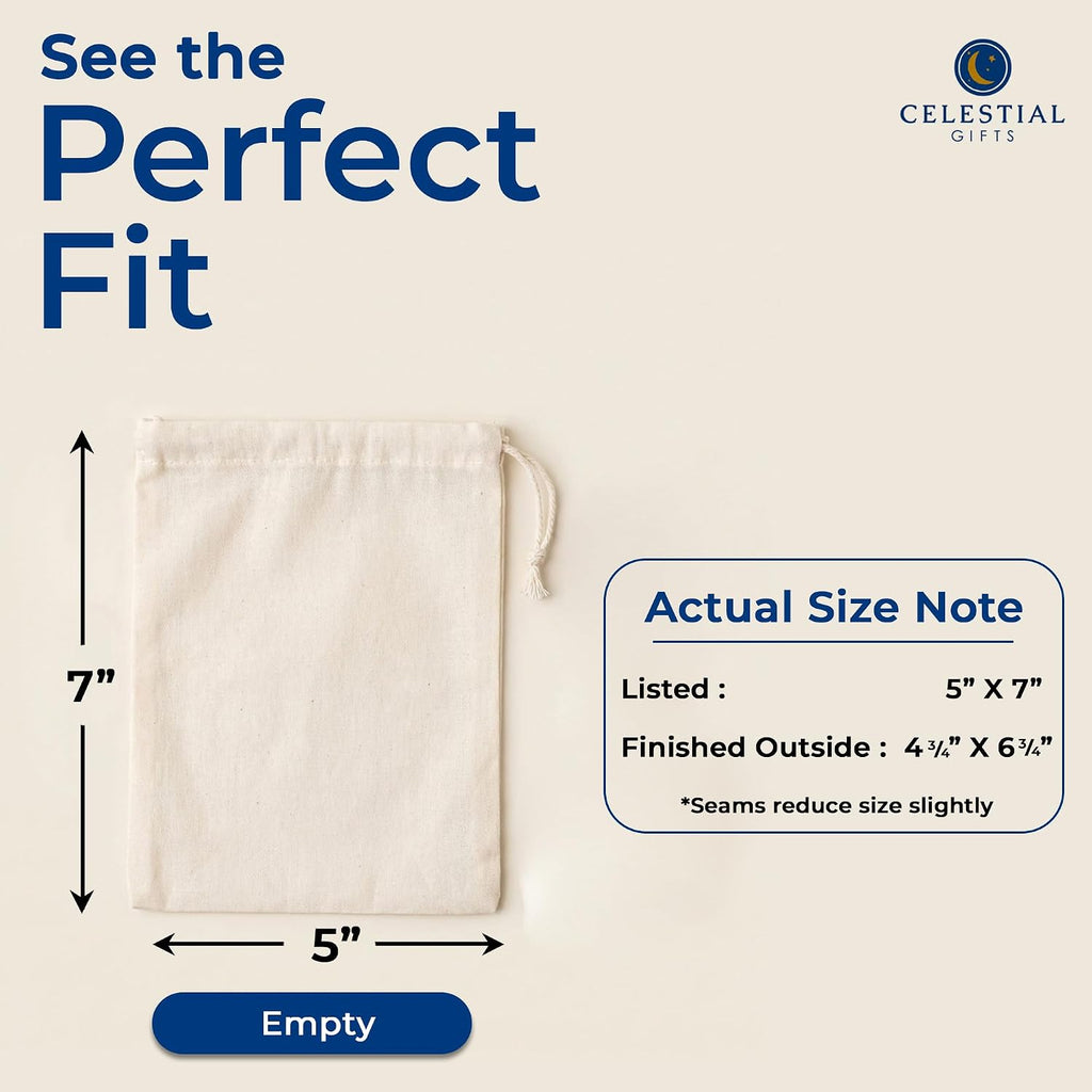 Celestial Gifts Muslin Bags 500pcs 5x7 inch, 100% Cotton Drawstring Bags for Party Favors, Parts, Cowboy Coffee and More- Made in USA (Natural Hem & Drawstring)