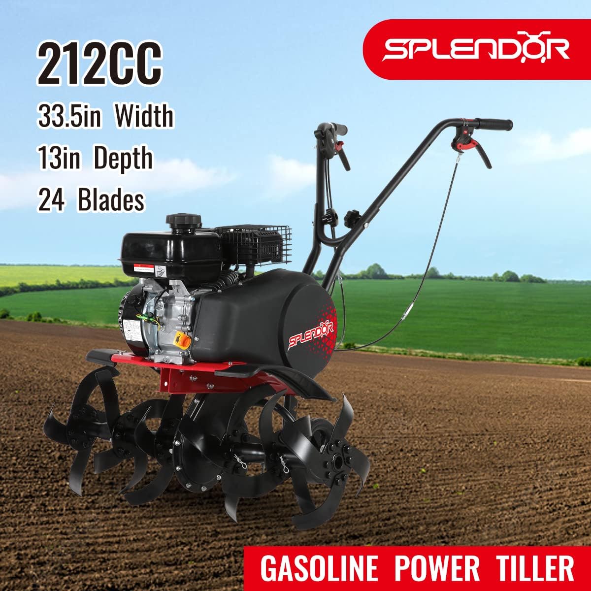 SPLENDOR Gas Powered Tiller 4 Cycle 212CC Working Width 13in-22in-33.5in Total Two Packages