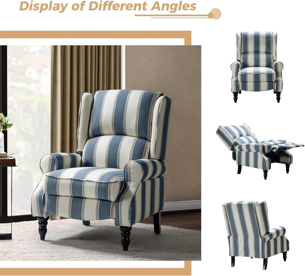 HULALA HOME Upholstered Wingback Recliner Chair Set of 2, Small Adjustable Footrest Push Back Single Reclining Sofa, Mid Century Modern Lounge Armchair for Living Room, Bedroom, Reading/Stripe Navy