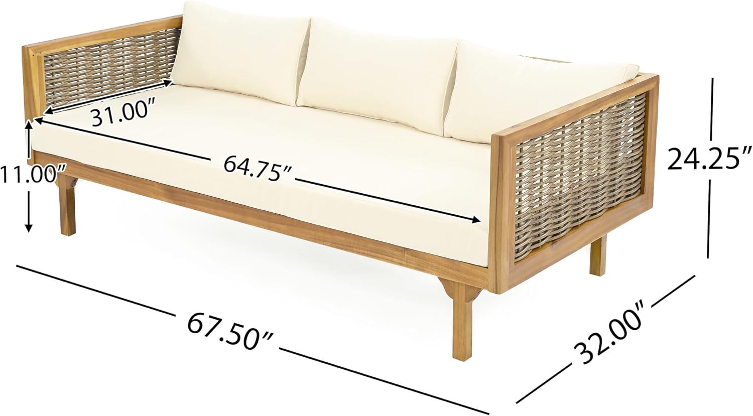 Christopher Knight Home Outdoor 3 Seater Acacia Wood Daybed with Fabric Water Resistant and Removable Cushions, Patio Garden Poolside Sofa with Wicker Armrest and Slat Paneling Back, Teak and Beige
