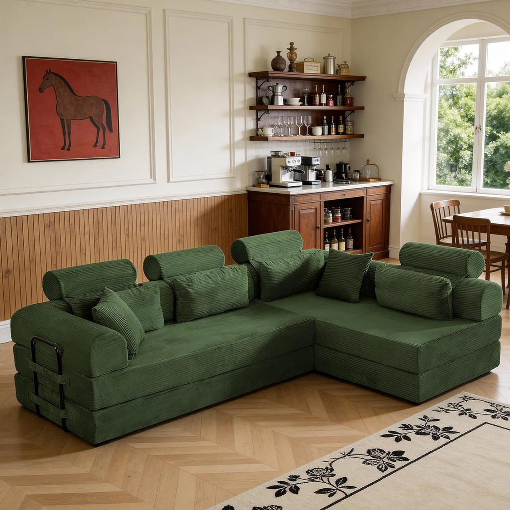 KEIKI 6-in-1 Folding Convertible High Back Sofa Sleeper, 106' Oversized Modular Sectional Corduroy Upholstered L Shape Couches for Living Room, Premium Foam for Contemporary Family Room, Green