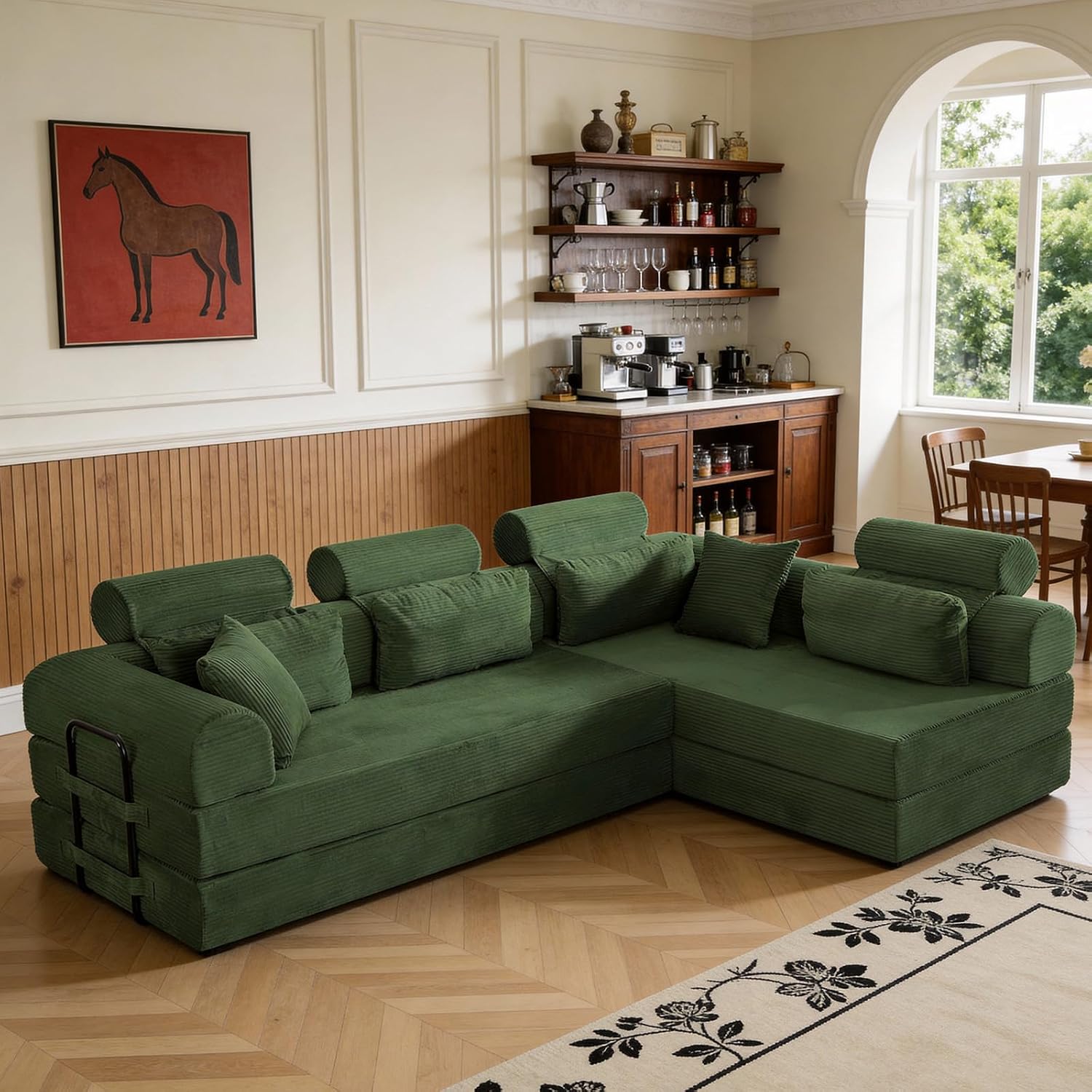 KEIKI 6-in-1 Folding Convertible High Back Sofa Sleeper, 106' Oversized Modular Sectional Corduroy Upholstered L Shape Couches for Living Room, Premium Foam for Contemporary Family Room, Green
