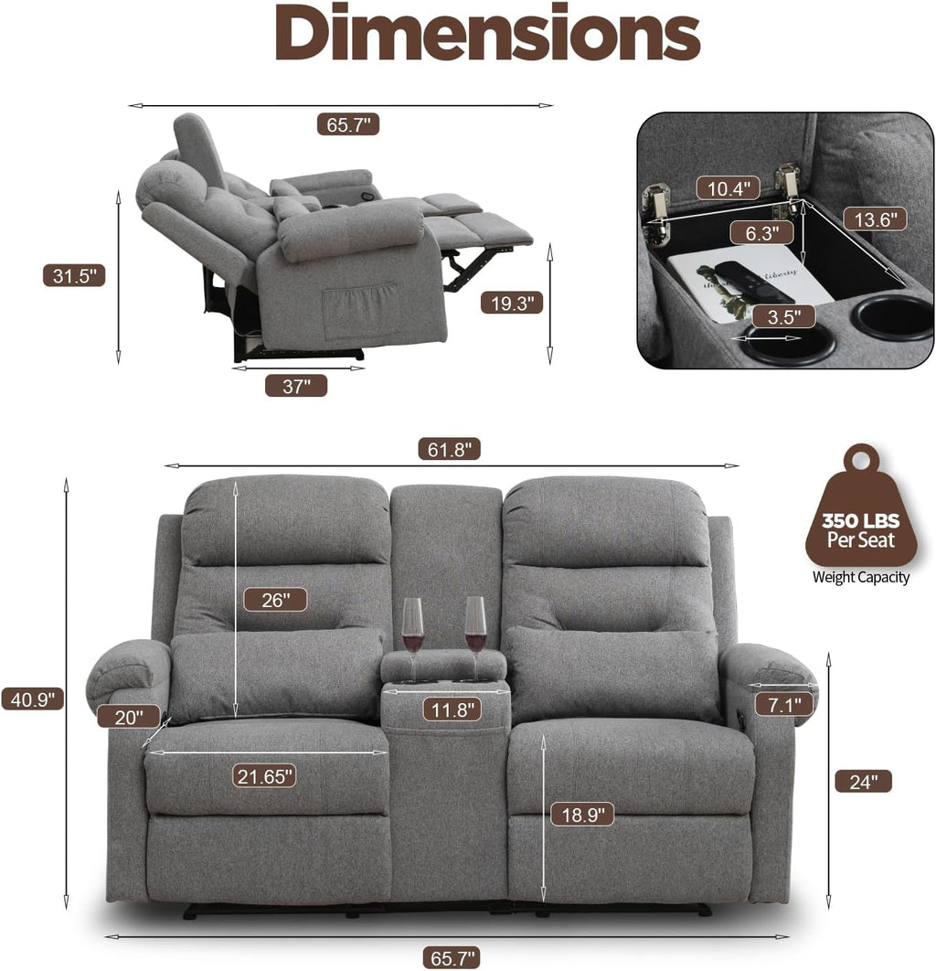 RV Loveseat Recliner with Console, Reclining Loveseat Sofa, Manual Home Theater Seating with Pockets/Cup Holders for Living Room/RV Furniture (Linen Ash)