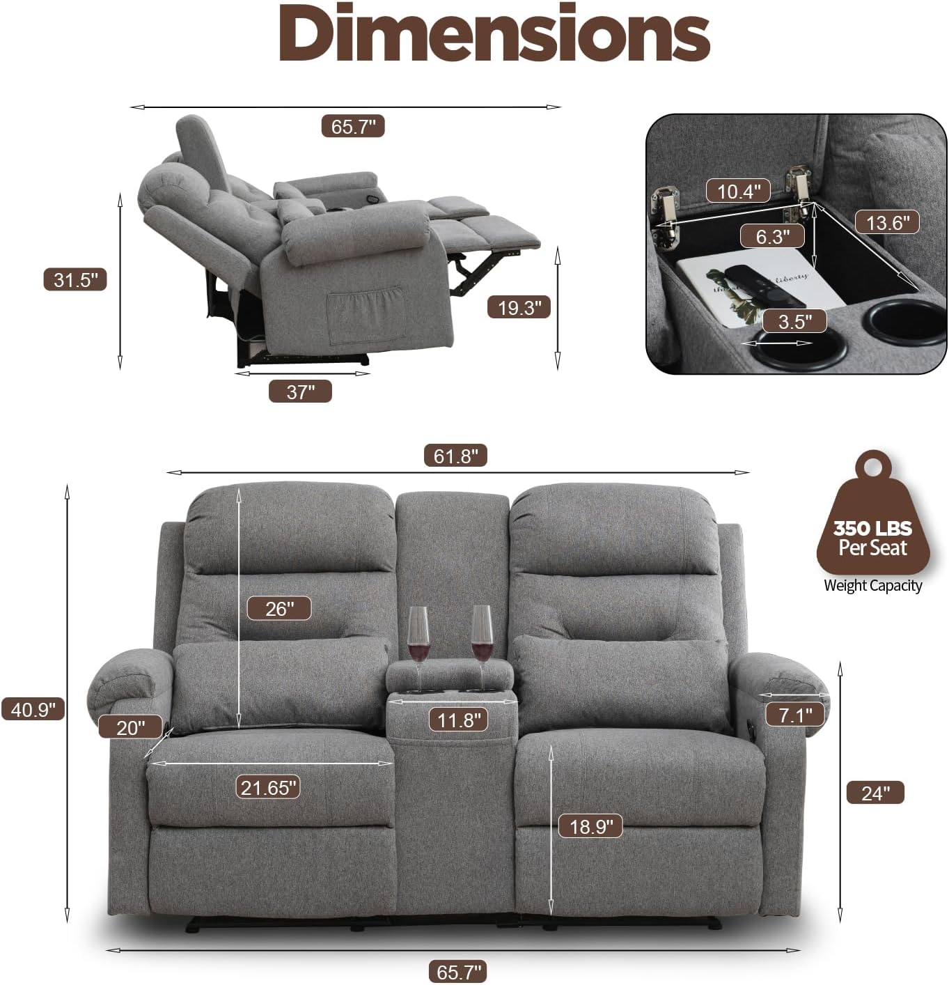RV Loveseat Recliner with Console, Reclining Loveseat Sofa, Manual Home Theater Seating with Pockets/Cup Holders for Living Room/RV Furniture (Linen Ash)