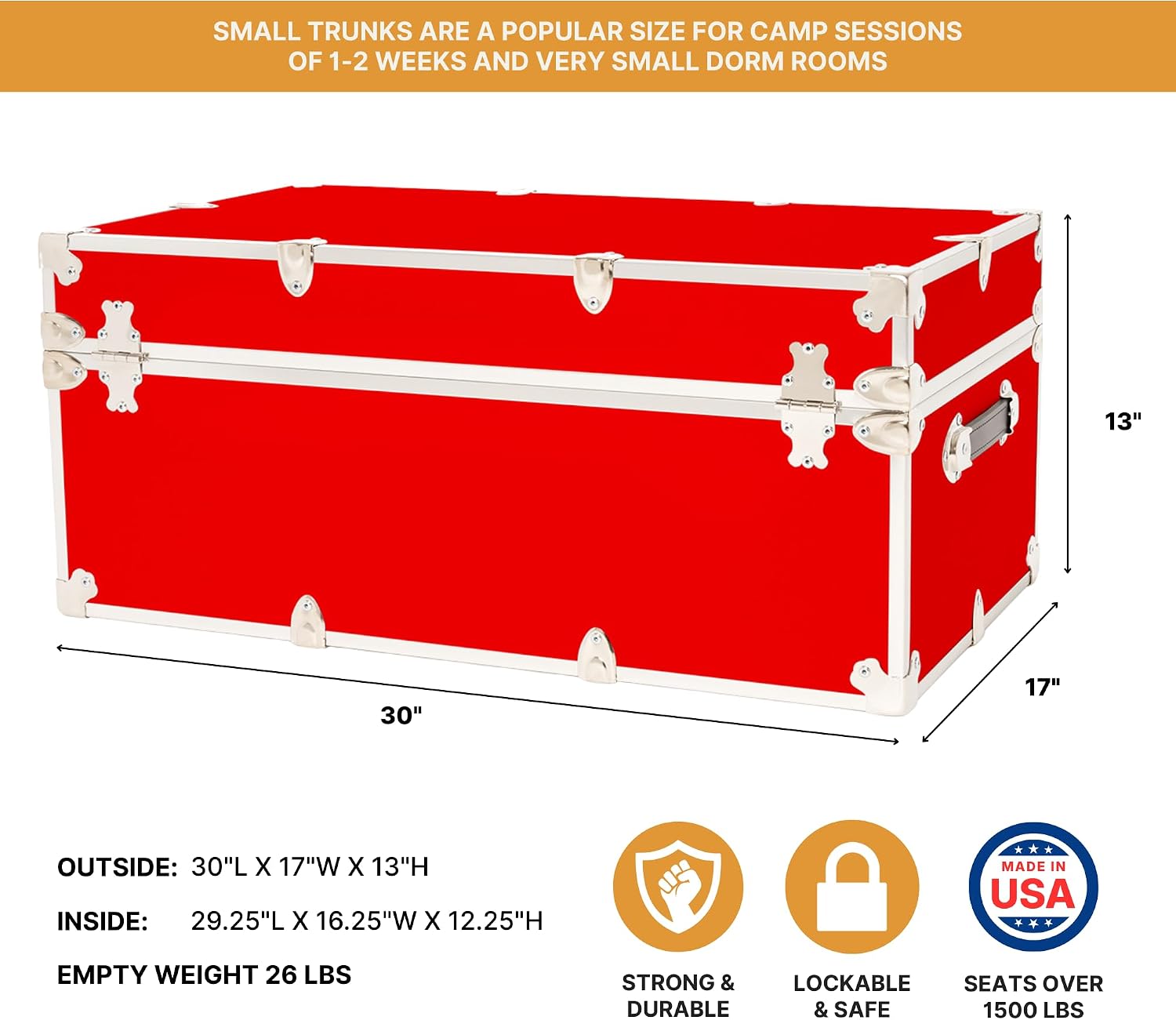 Rhino Trunk & Case Classic Camp & College Trunk with Wheels. 30'x17'x13', 1500+ lbs Capacity - Many Colors, Soft-Close Lid. Strong, USA Made Summer Camp Footlocker and Secure Dorm Storage Chest