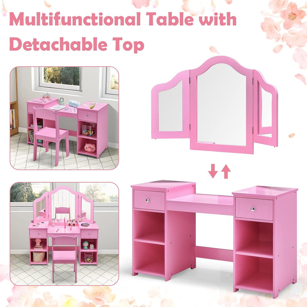 AKUSTIK Kids Vanity, 2 in 1 Wooden Princess Makeup Table and Chair for Toddlers with Tri-Folding Detachable Mirror, Storage Drawers for Little Girls, Pretend Beauty Dressing Desk Play Set Toy Gift