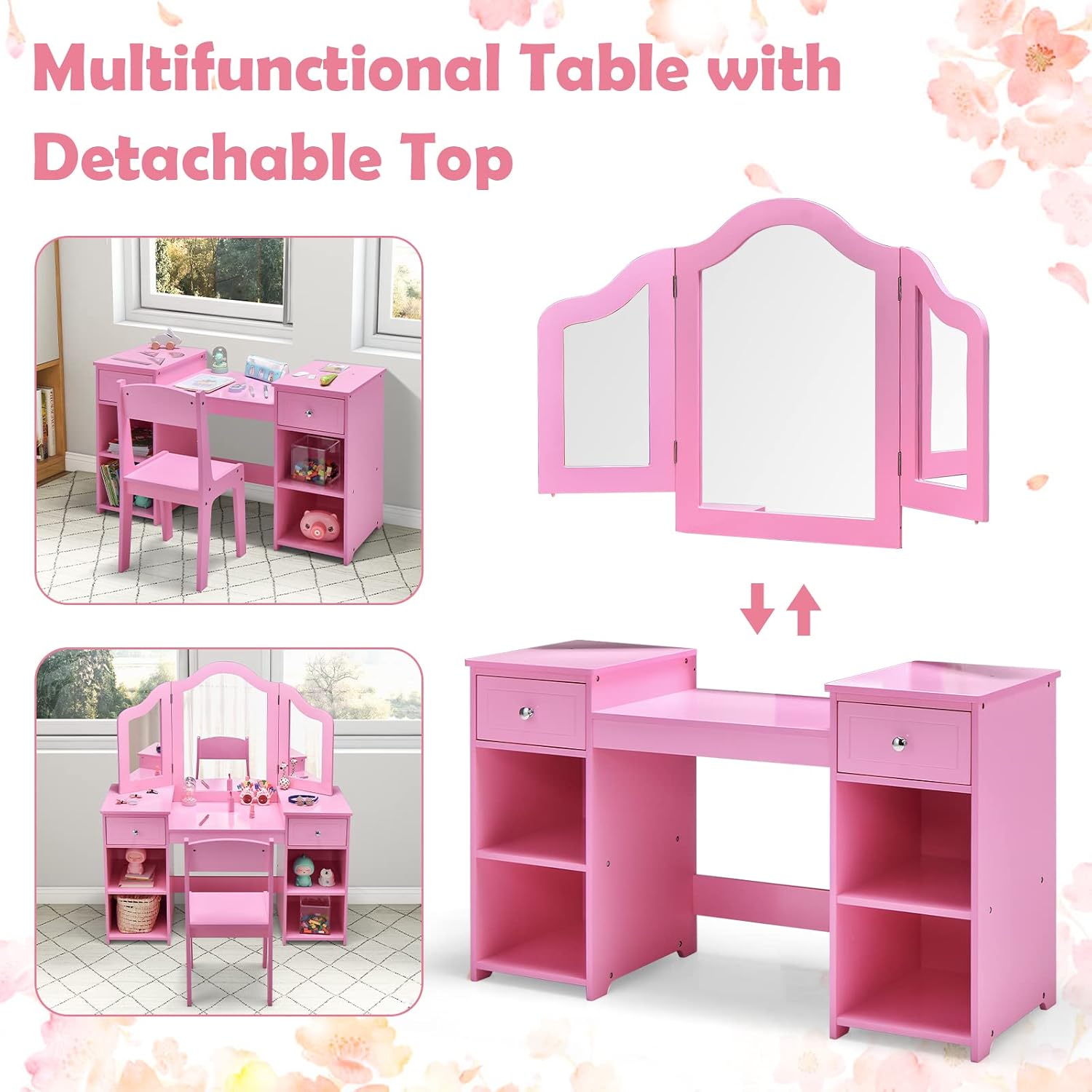 AKUSTIK Kids Vanity, 2 in 1 Wooden Princess Makeup Table and Chair for Toddlers with Tri-Folding Detachable Mirror, Storage Drawers for Little Girls, Pretend Beauty Dressing Desk Play Set Toy Gift
