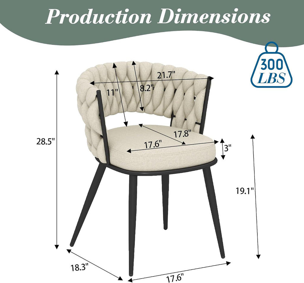 KCC Fabric Dining Chairs Set of 2, Modern Dining Chair with Metal Legs, Woven Upholstered Dining Chairs for Dining Room, Kitchen, Vanity, Living Room (Beige)