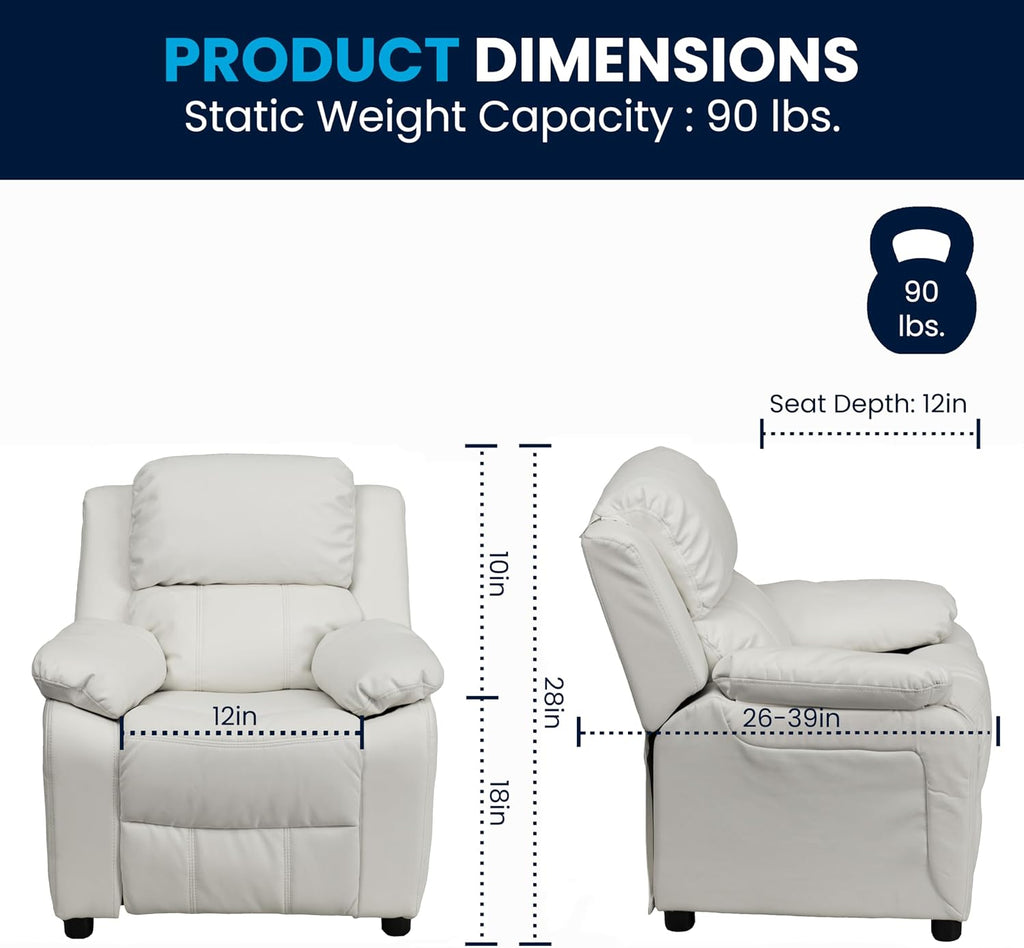 Flash Furniture Charlie Vinyl Kids Recliner with Flip-Up Storage Arms and Safety Recline, Contemporary Reclining Chair for Kids, Supports up to 90 lbs., White