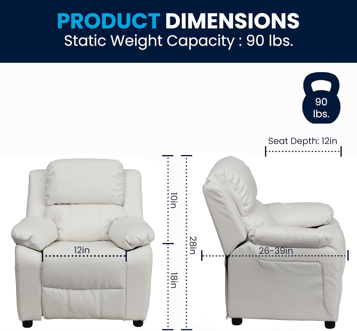 Flash Furniture Charlie Vinyl Kids Recliner with Flip-Up Storage Arms and Safety Recline, Contemporary Reclining Chair for Kids, Supports up to 90 lbs., White