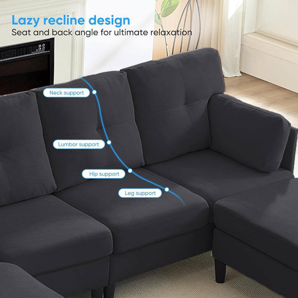 PUREMIND Sectional Couches for Living Room, Modern Snow Velvet U-Shaped Sofa Couch with Double Chaise, Upholstered 4 Seater Sofa with Double Chaise for Living Room, Apartment, Office, Dark Grey