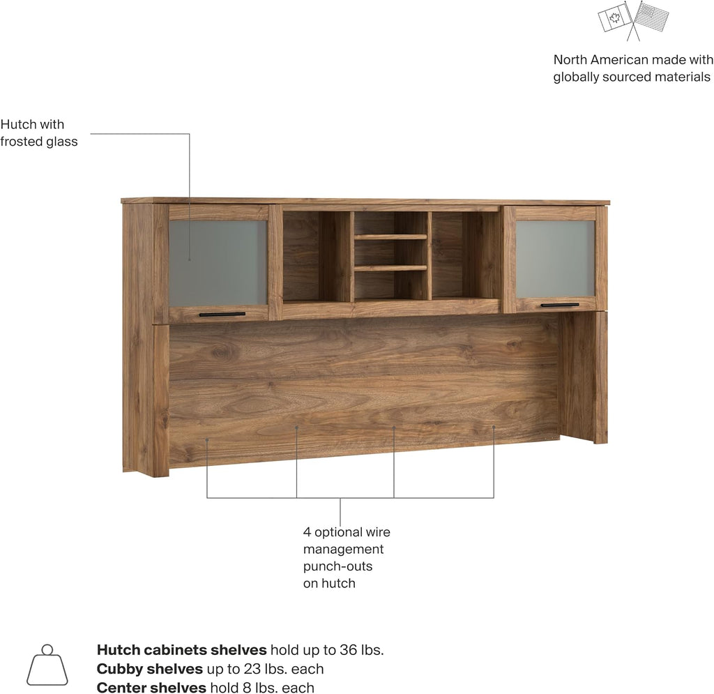 Bush Home 72-Inch Desk Hutch, Office Storage Organizer with Shelves, Cubbies and Frosted Glass Doors for Computer Desk, Home Office Furniture, Somerset Collection, Fresh Walnut