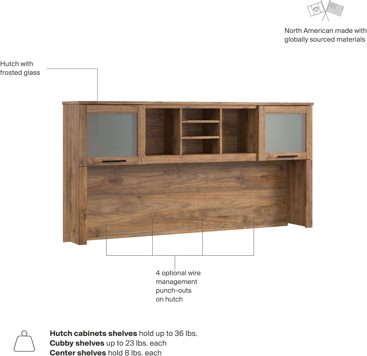 Bush Home 72-Inch Desk Hutch, Office Storage Organizer with Shelves, Cubbies and Frosted Glass Doors for Computer Desk, Home Office Furniture, Somerset Collection, Fresh Walnut