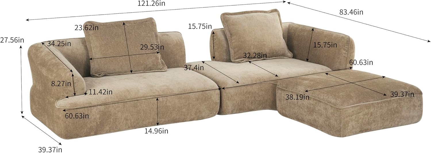 Christopher Knight Home Zacha 121' Modular L-Shape Sofa Couch with Chaise Lounge, Modern Boneless Sofa for Living Room, Fabric Upholstered Cloud Couch with Deep Seat, Dark Beige