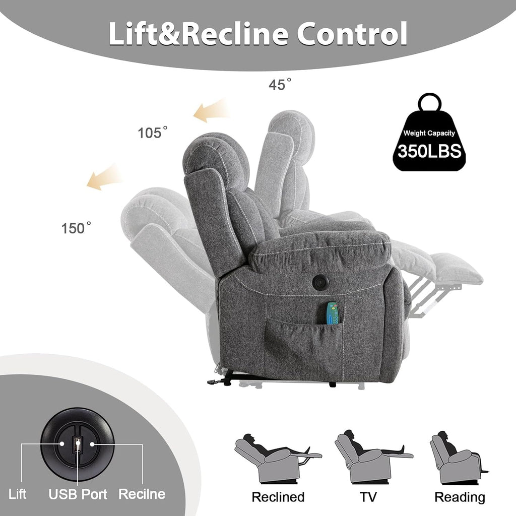 Phoenix Home Large Power Lift Recliner Chair with Massage and Heat for Elderly, Overstuffed Wide Recliners with 2 Cup Holders, Side Pocket and USB Port, Dark Gray