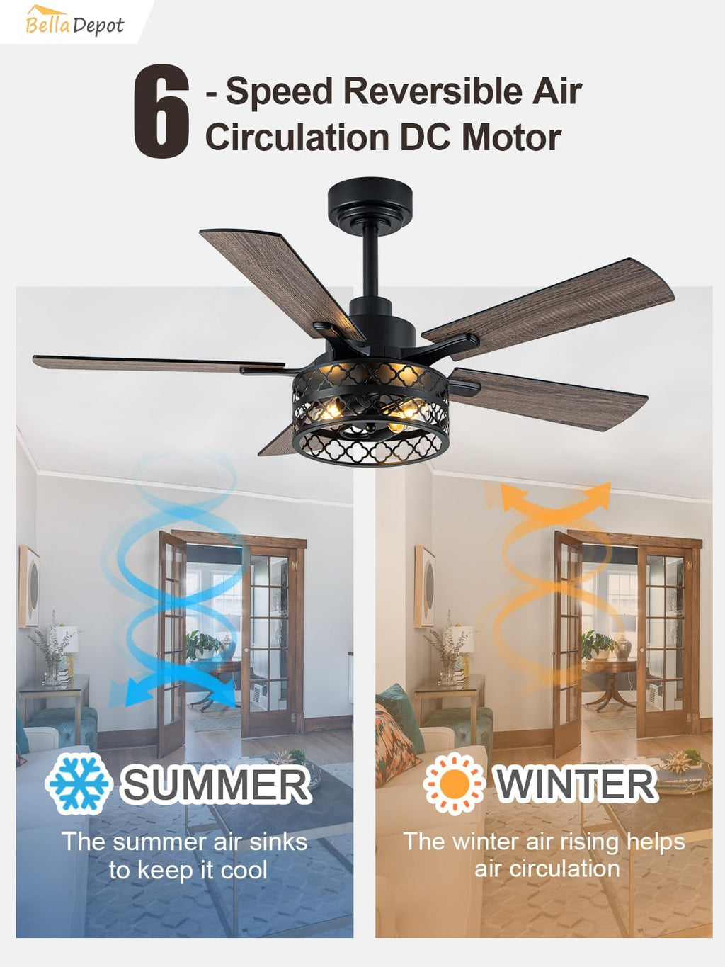 Bella Depot 46' Ceiling Fan with Light Farmhouse Caged Chandelier Fan with Remote Vintage Rustic Indoor Fandelier with Silent Motor for Dining Living Room Bedroom, (Bulbs not Included)