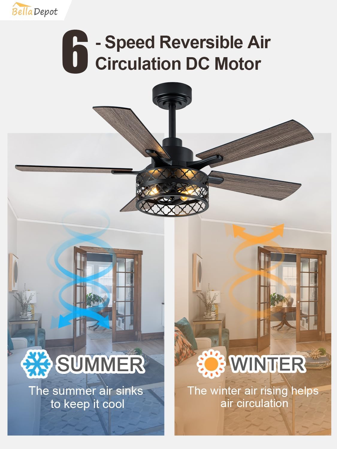 Bella Depot 46' Ceiling Fan with Light Farmhouse Caged Chandelier Fan with Remote Vintage Rustic Indoor Fandelier with Silent Motor for Dining Living Room Bedroom, (Bulbs not Included)