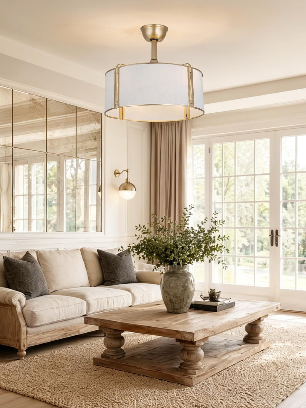 20' Gold Caged Boho Fandelier Ceiling Fan with Light, Bladeless Flush Mount Chandelier Fan with Remote Control, 6 Speeds Quiet Reversible Motor for Bedroom, Nursery, Foyer, Dining Room, Living Room