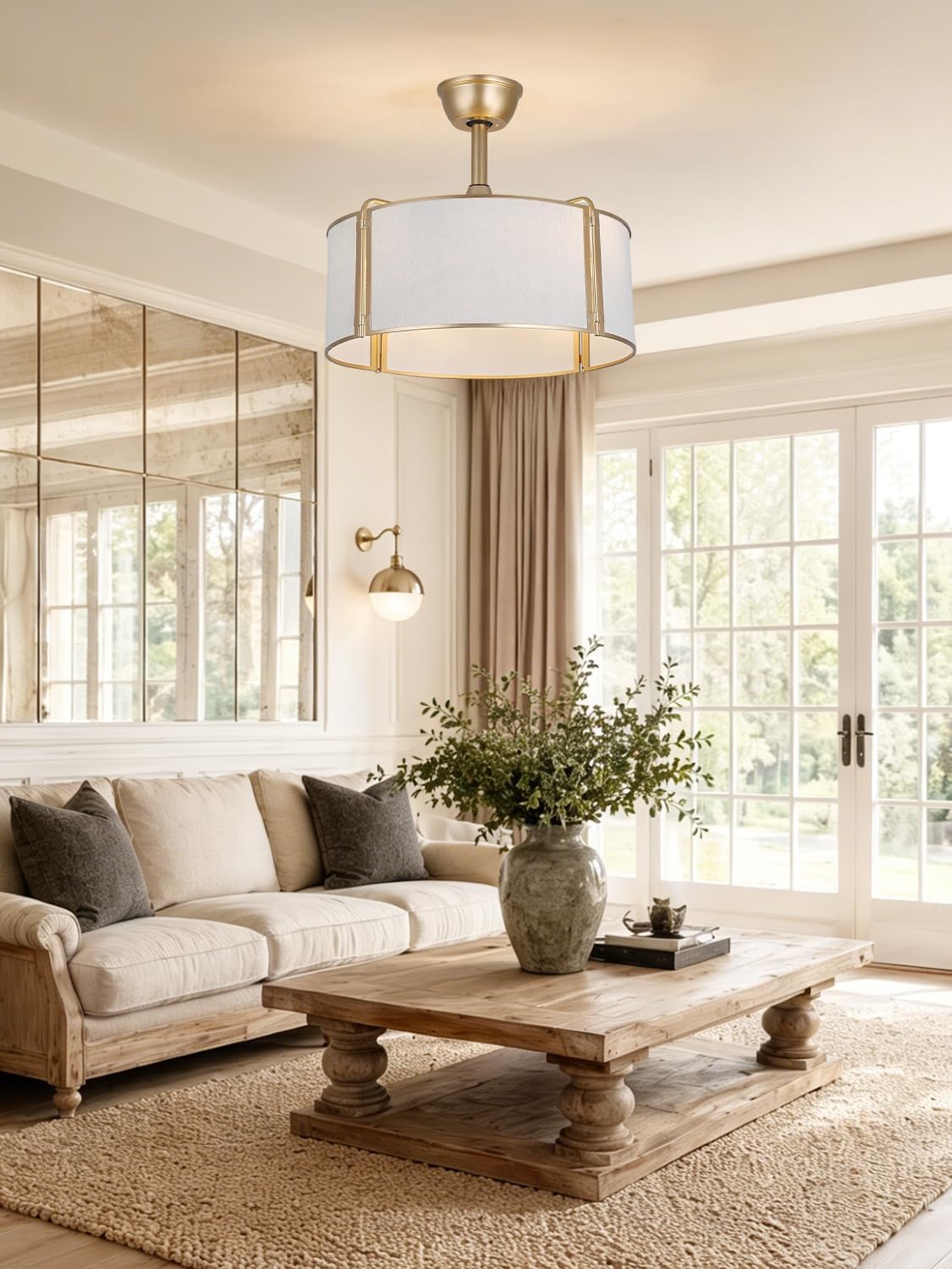 20' Gold Caged Boho Fandelier Ceiling Fan with Light, Bladeless Flush Mount Chandelier Fan with Remote Control, 6 Speeds Quiet Reversible Motor for Bedroom, Nursery, Foyer, Dining Room, Living Room