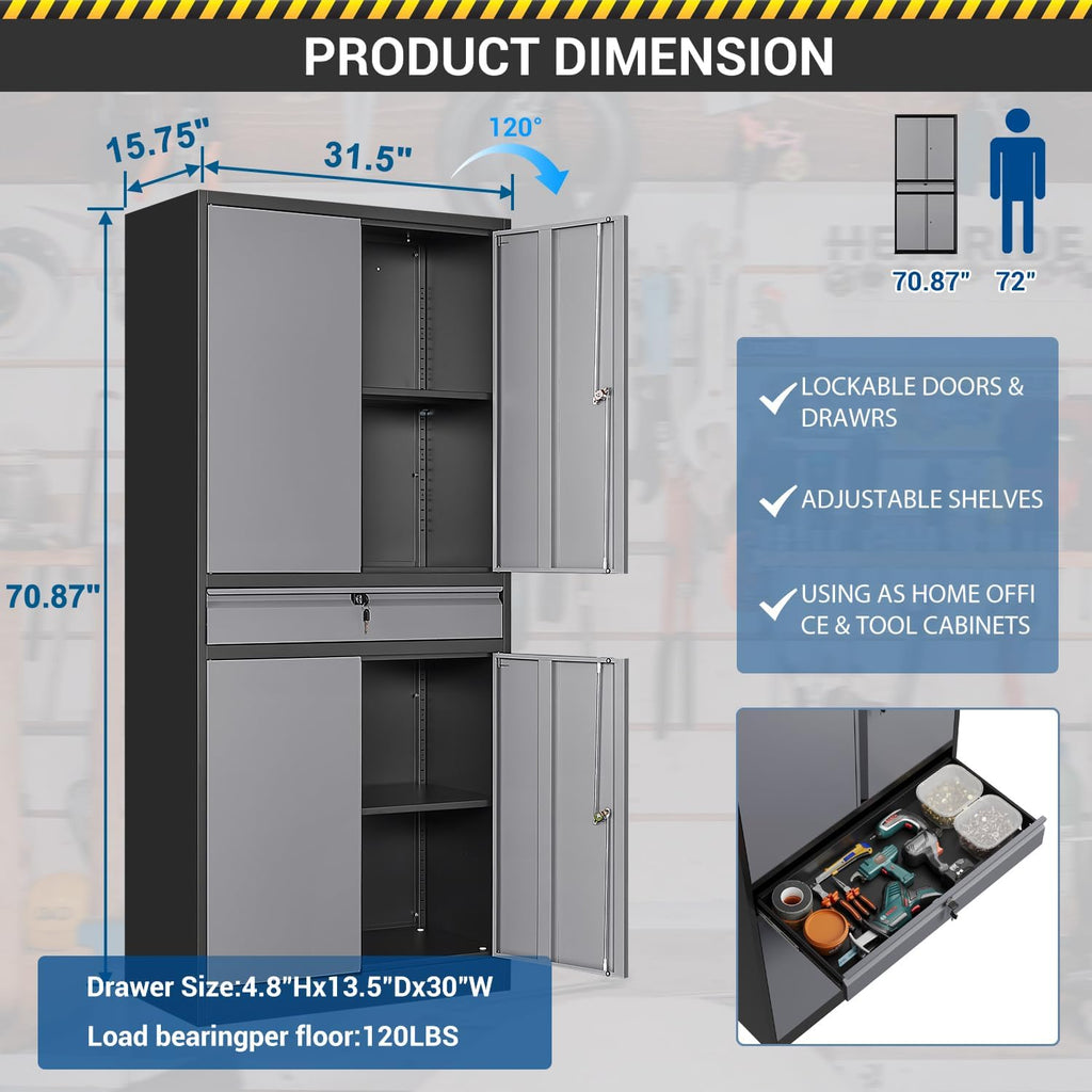 Fesbos 71' Metal Cabinet-Black&Gray Heavy Duty Storage File Cabinet Steel Tool Cabinets with Shelves, Lockable Doors and Drawers- for Garage, Pantry, Warehouse - Assembly Required