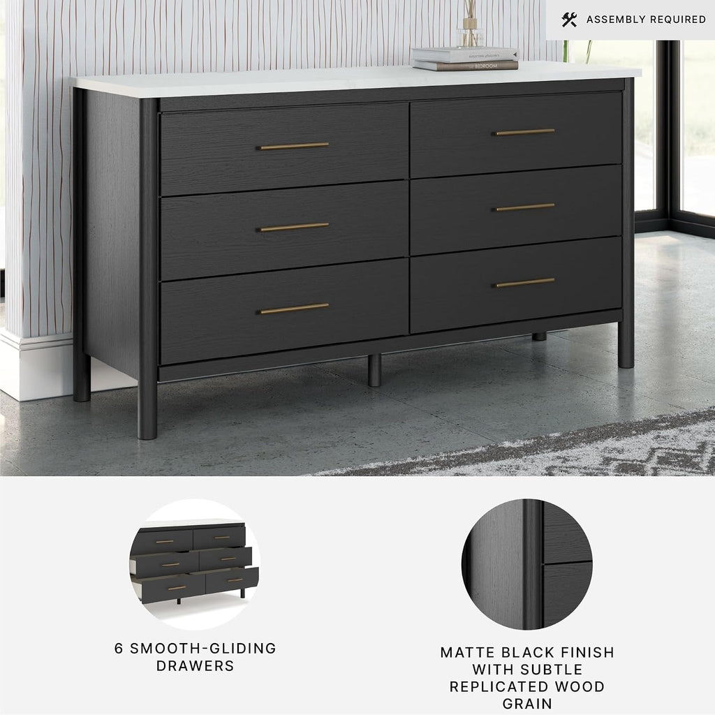Signature Design by Ashley Cadmori 6 Drawer Dresser, Black Dresser for Bedroom, Matte Black & Replicated White Marble Top, 64' Wide, Engineered Wood Construction, Minor Assembly Required