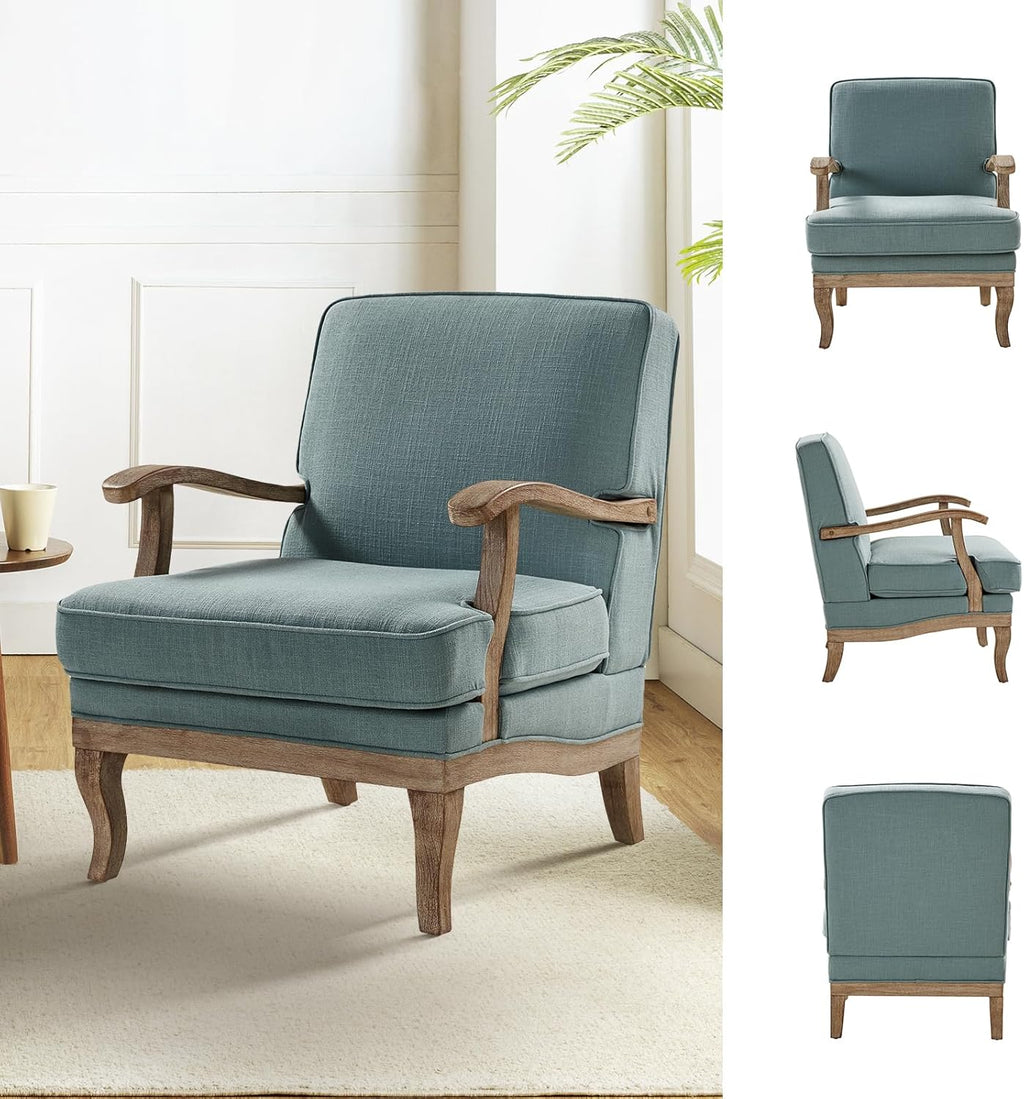 HULALA HOME Mid-Century Modern Accent Chair, Upholstered Lounge Arm Chair with Solid Wood Legs and Armrest, Removable Cushion Comfy Retro Reading Armchair for Living Room, Bedroom, Balcony, Blue