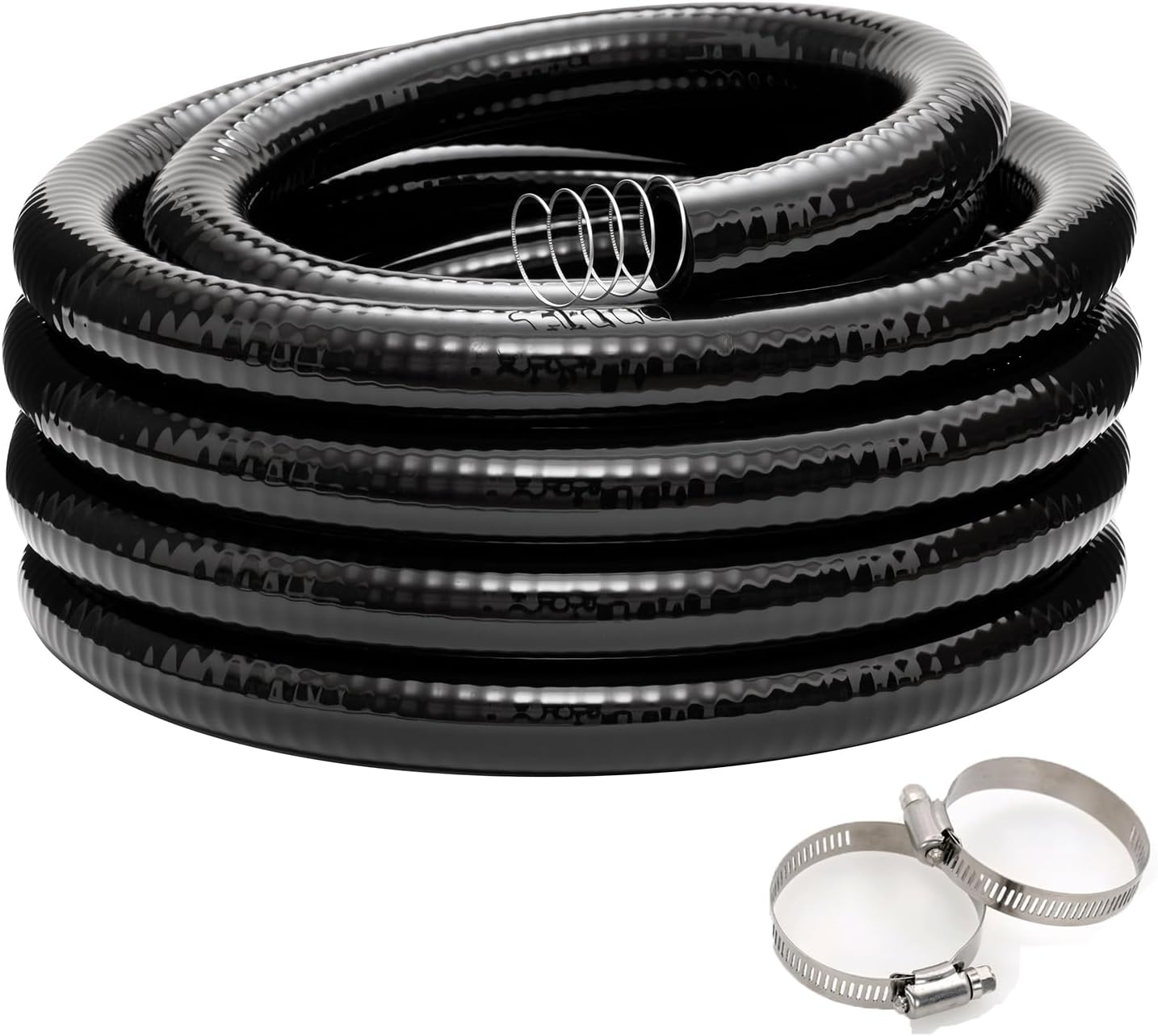 EASTRANS 1-1/2' x 50ft Reinforced Steel Wire Water Tubing Flexible Pool Suction Discharge Hose for Pump with 2 Clamps, Black Vacuum Dust Collection Pipe