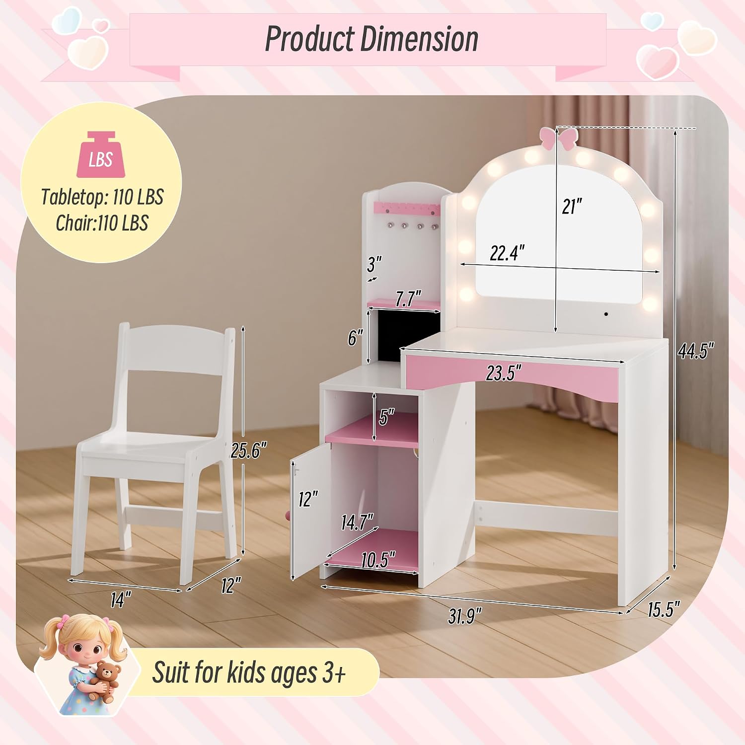 Girls Vanity Table and Chair Set, Kids Vanity with Jewelry Organizer for Princess, Toddler Makeup Vanity Desk with Open Shelf, Closed Cabinet and Butterfly Pattern, White
