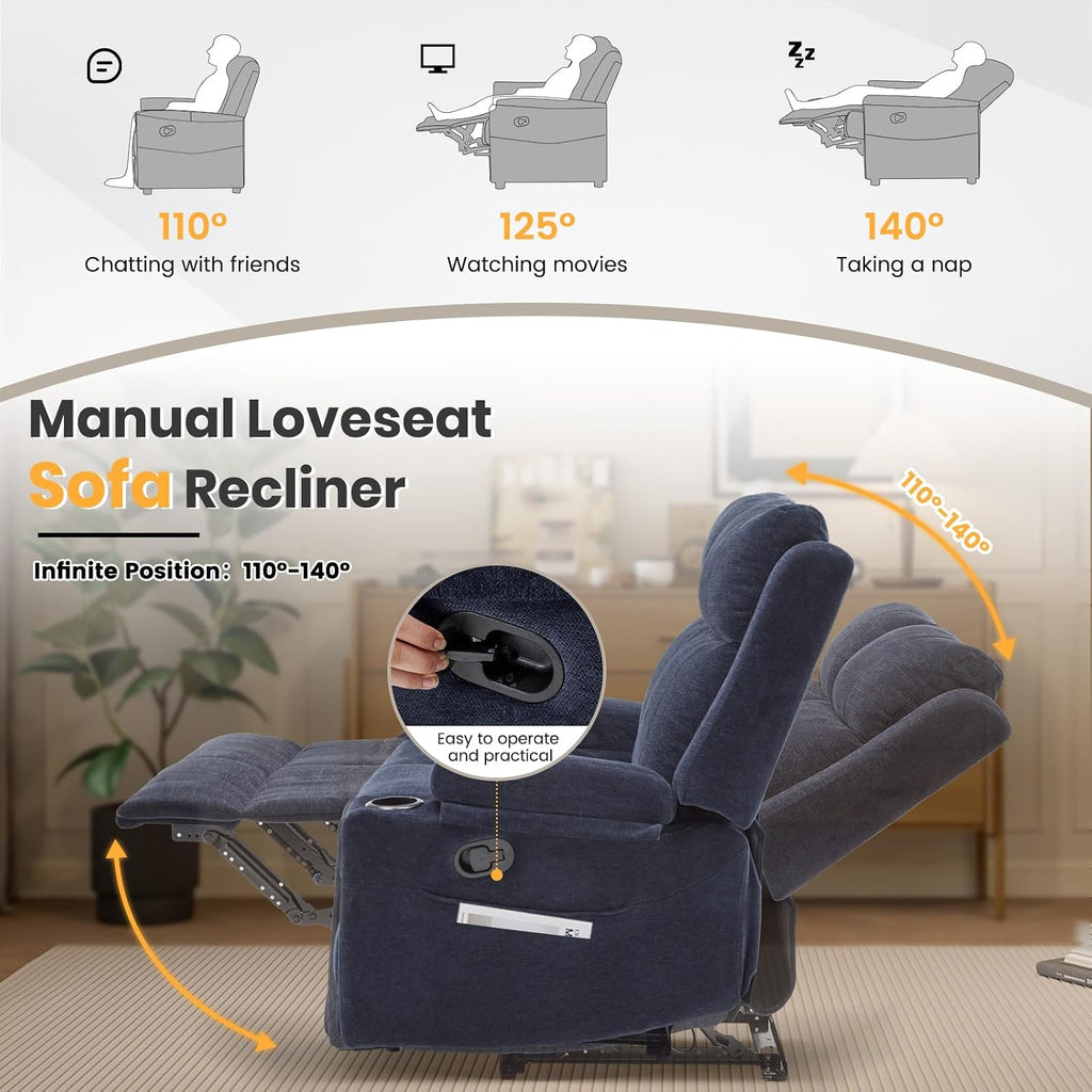 Loveseat Recliner, Double Recliner Loveseat with Adjustable Footrest & Cup Holder, Wall Hugger Recliner for Living Room & Home Theater & RV(Blue)