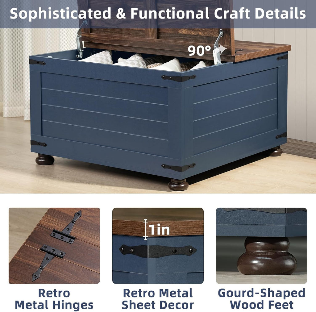 Joaxswe Farmhouse Coffee Table with Hidden Storage, 59 Gallon Square Center Table for Living Room, Rustic Wood Cocktail Tables with Flip-Top Lids, Farm House Tables with Wooden Gourd Feet, Navy Blue