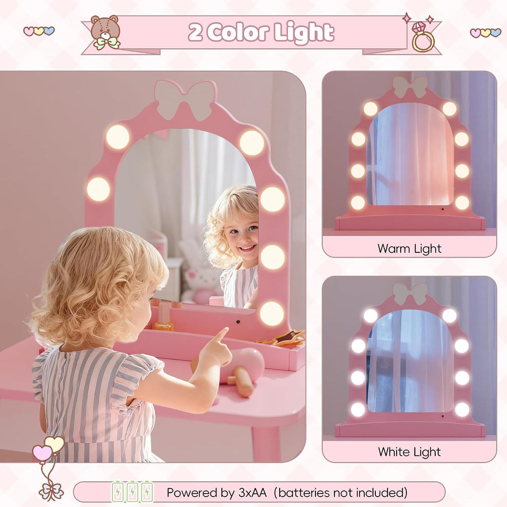 Kids Vanity Set with Light and Barber Chair, Pink Makeup Dressing Vanity Table with Storage Shelf and Hair Salon Play Set 7 pcs Accessories, Pretend Play Vanity Set for Toddler Girls