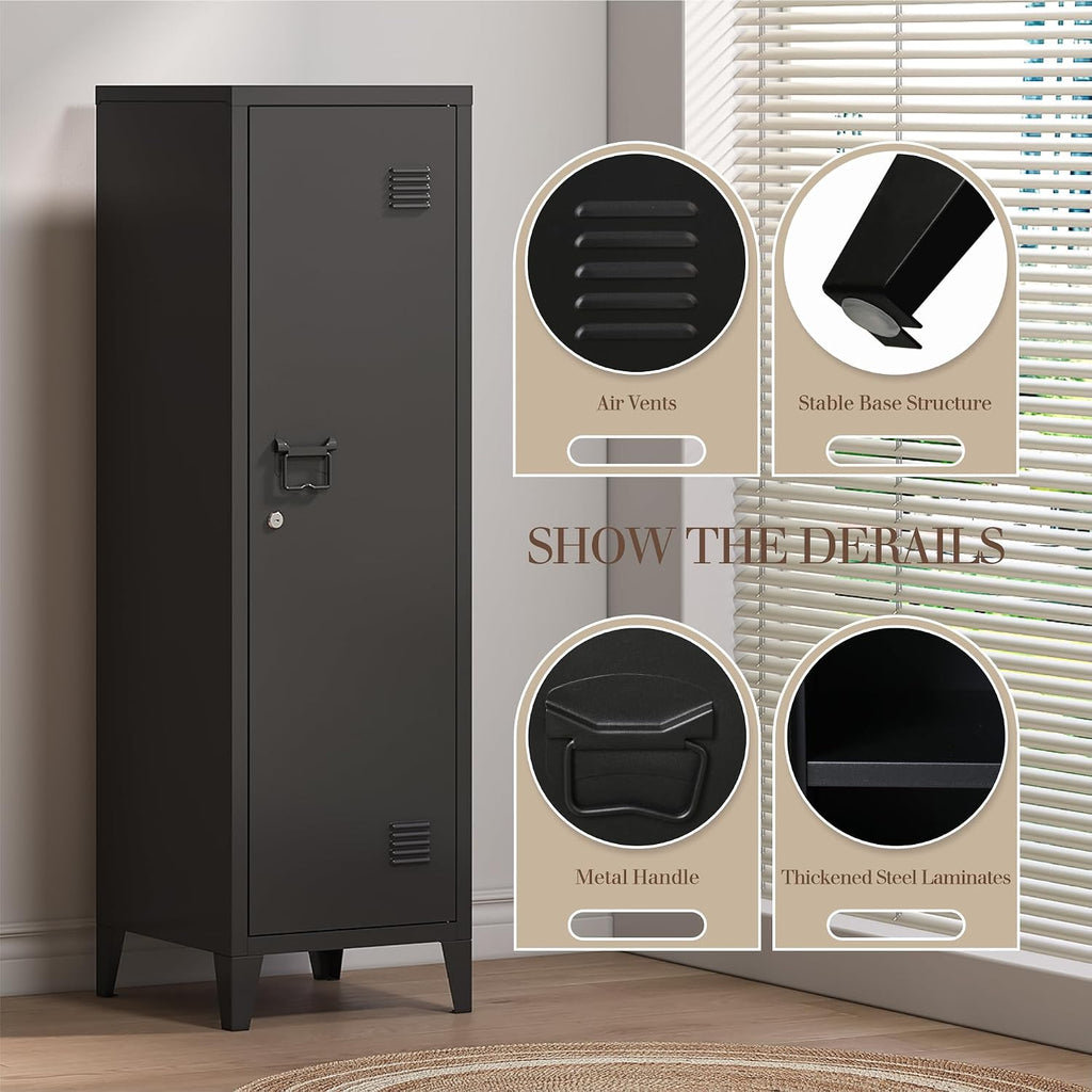Locker Cabinet, 50' Black Small Metal Locker Storage Cabinet for Employees with Locking Door and 2 Shelves Kids Locker Tool File Cabinets for Bedroom, Home Office, Garage, Bathroom