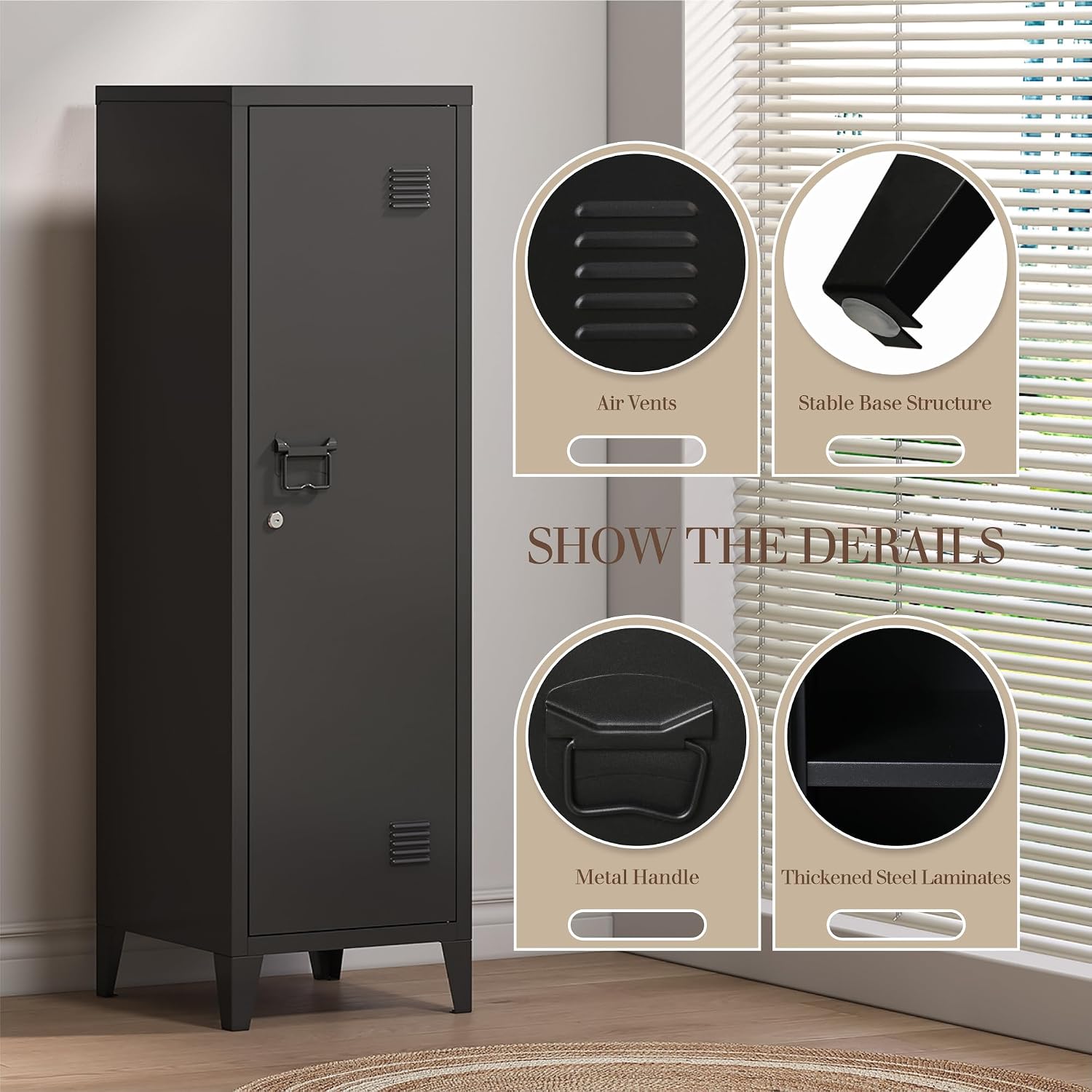 Locker Cabinet, 50' Black Small Metal Locker Storage Cabinet for Employees with Locking Door and 2 Shelves Kids Locker Tool File Cabinets for Bedroom, Home Office, Garage, Bathroom