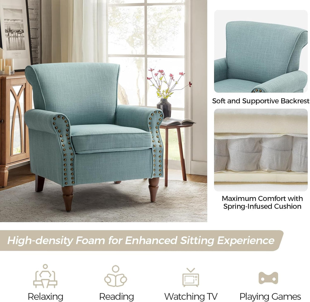 HULALA HOME Accent Chair with Wood Legs & Removable Cushion, Modern Wingback Armchair with Nailhead Trim, Comfy Upholstered Lounge Chair, Single Sofa Chairs for Living Room Bedroom Set of 2, Blue