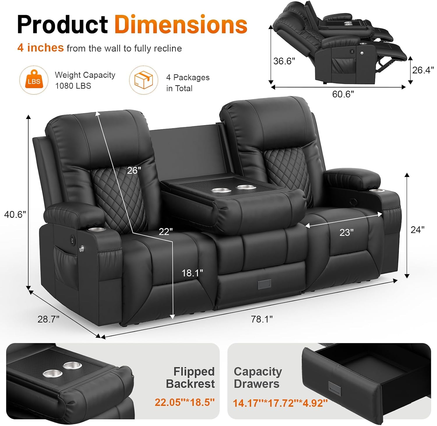 FURNIMAT Loveseat Recliner Sofa, Modern Dual Reclining Sofa with Flip Back Console, 3 Seater PU Leather Loveseat Couch for Living Room/RV, with Storage, USB Ports, Cup Holder, Cell Phone Holder, Black