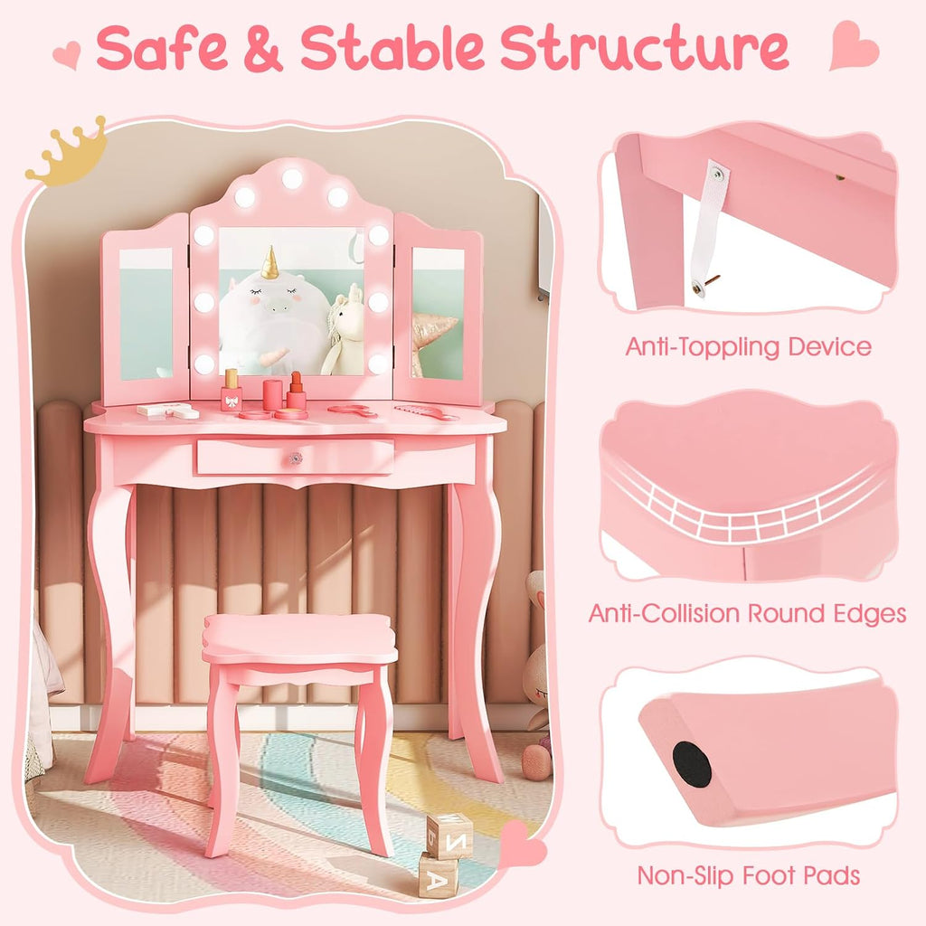HONEY JOY Kids Vanity Set with Lighted Mirror, 2 in 1 Princess Toddler Dressing Table w/Tri-Fold Mirror & Drawer, Wooden Makeup Table & Chair Set, Pretend Play Vanity Set for Little Girls (Pink)