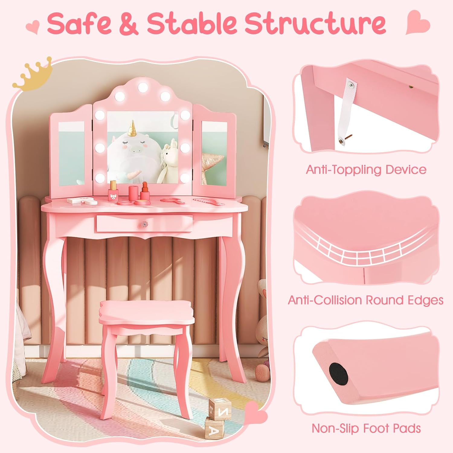 HONEY JOY Kids Vanity Set with Lighted Mirror, 2 in 1 Princess Toddler Dressing Table w/Tri-Fold Mirror & Drawer, Wooden Makeup Table & Chair Set, Pretend Play Vanity Set for Little Girls (Pink)