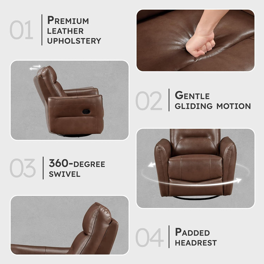 Lexicon Swivel Glider Reclining Chair, Top Grain Leather Match Manual Recliner, Comfy Nursery Glider Recliner, Swivel Reclining Chair for Living Room/Office/Bedroom/Apartment, Toffee Brown