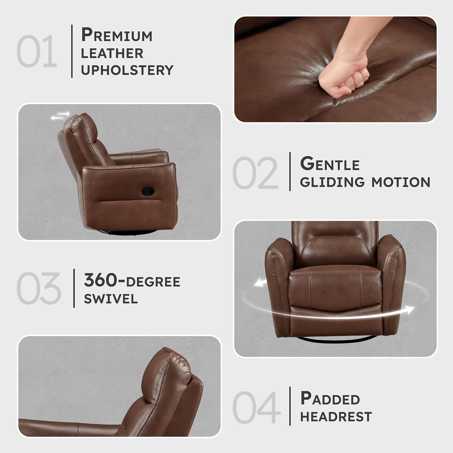 Lexicon Swivel Glider Reclining Chair, Top Grain Leather Match Manual Recliner, Comfy Nursery Glider Recliner, Swivel Reclining Chair for Living Room/Office/Bedroom/Apartment, Toffee Brown