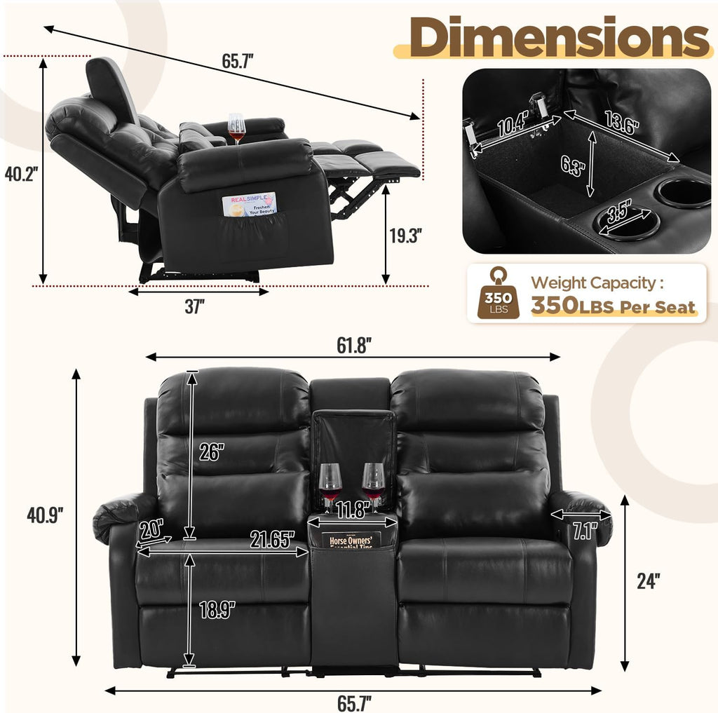 RV Loveseat Recliner with Console, Reclining Loveseat Sofa, Manual Home Theater Seating with Pockets/Cup Holders for Living Room/RV Furniture (Black PU)