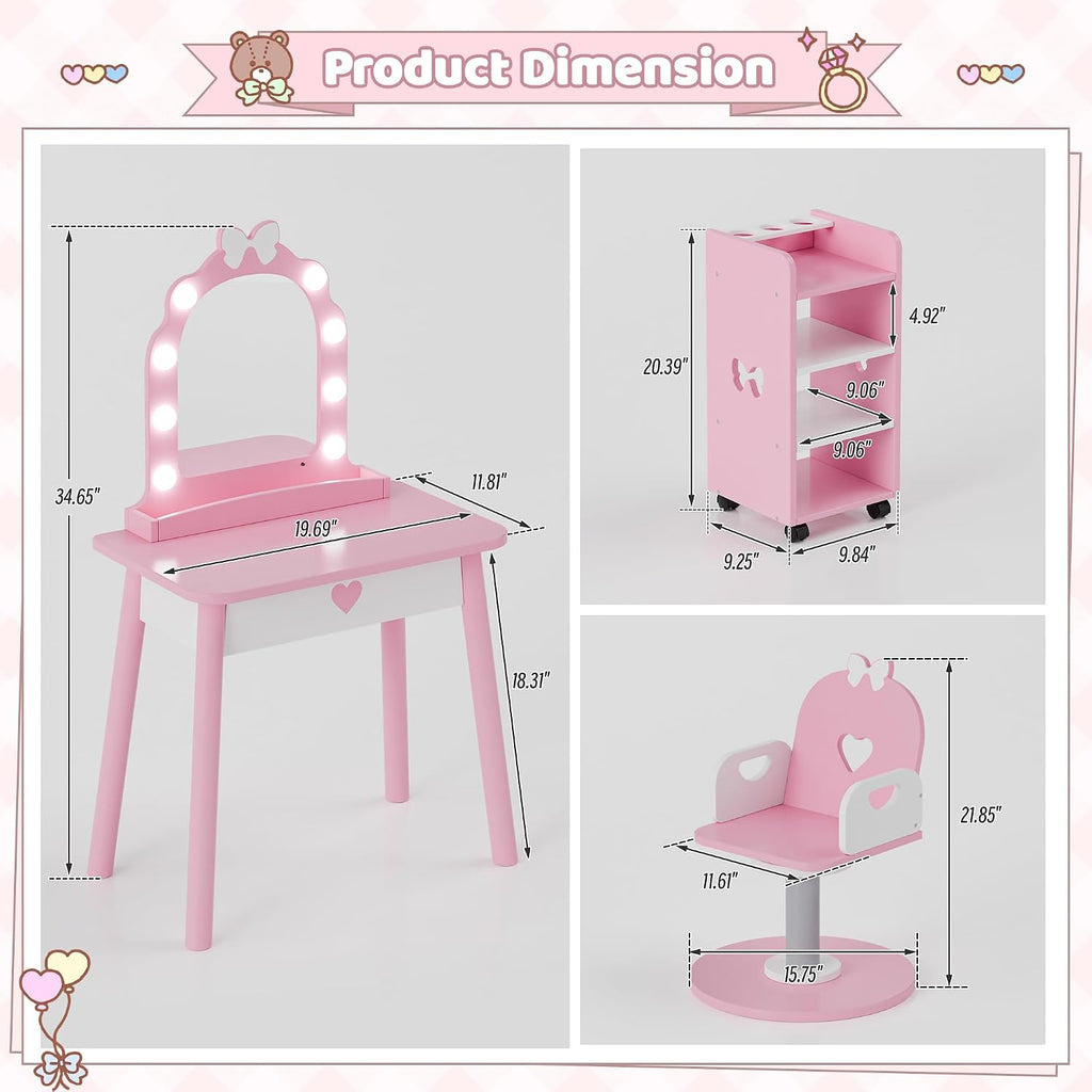 Kids Vanity Set with Light and Barber Chair, Pink Makeup Dressing Vanity Table with Storage Shelf and Hair Salon Play Set 7 pcs Accessories, Pretend Play Vanity Set for Toddler Girls