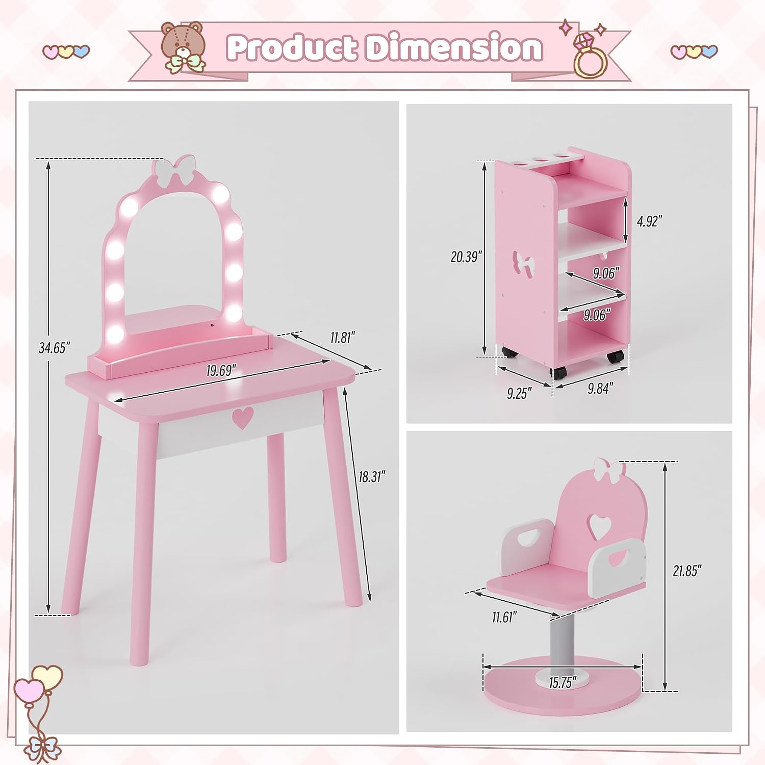 Kids Vanity Set with Light and Barber Chair, Pink Makeup Dressing Vanity Table with Storage Shelf and Hair Salon Play Set 7 pcs Accessories, Pretend Play Vanity Set for Toddler Girls