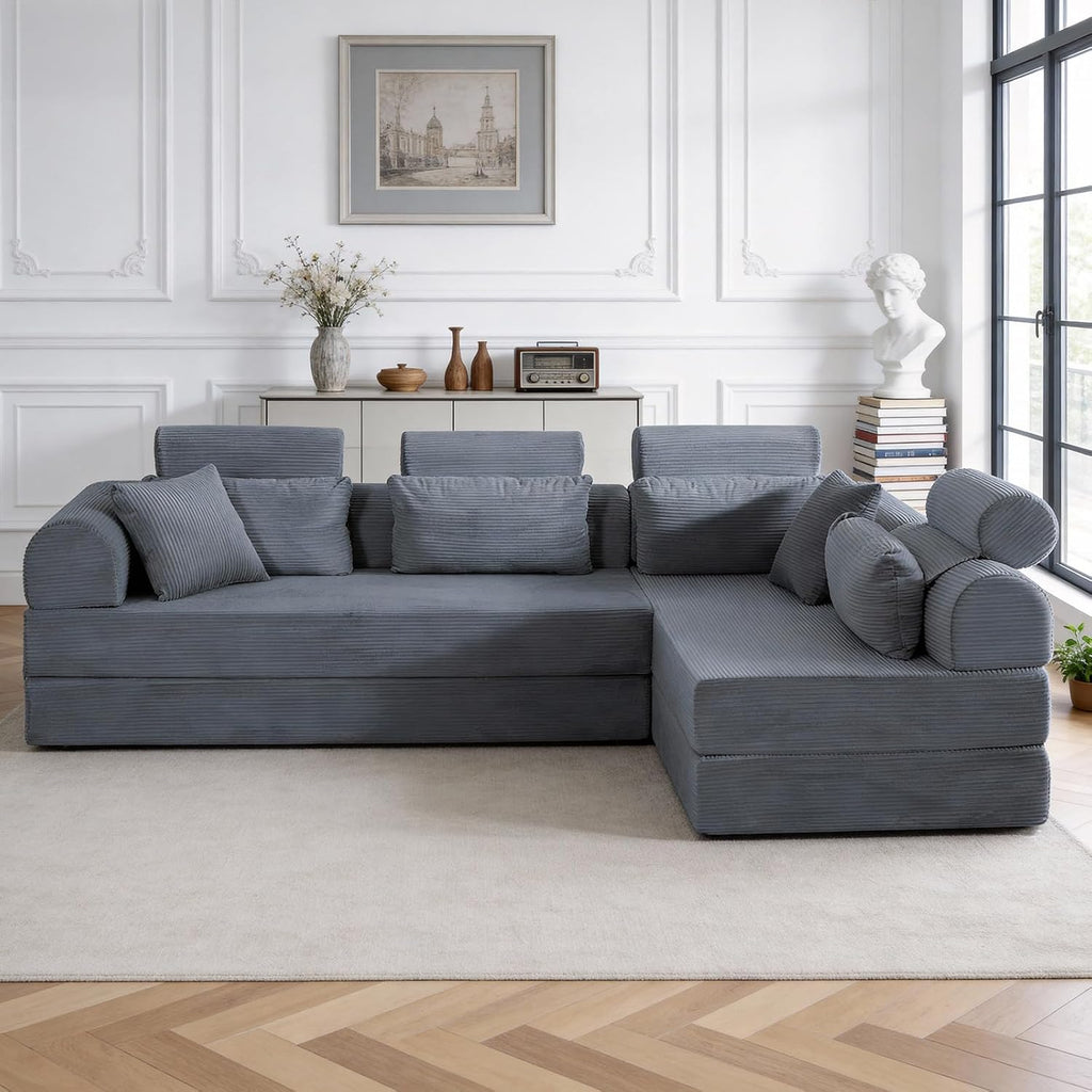 KEIKI 6-in-1 Folding Convertible High Back Sofa Sleeper, 106' Oversized Modular Sectional Corduroy Upholstered L Shape Couches for Living Room, High-Resilience Foam for City Apartment, Dark Gray
