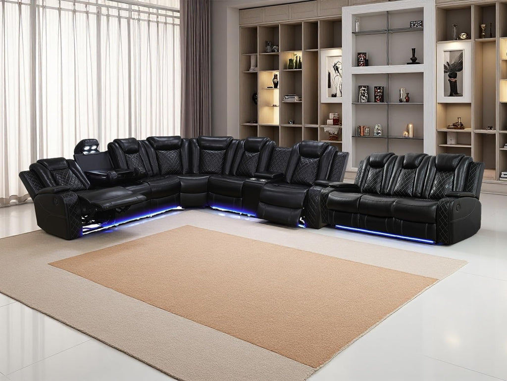 Living Room Furniture Set,Power Recliner Sectional Sofa Set,Black Leather Sectional Reclining Couch and 3-seater Power Reclining Sofa with 4 Recliners/LED Light/Storage Console for Living Room